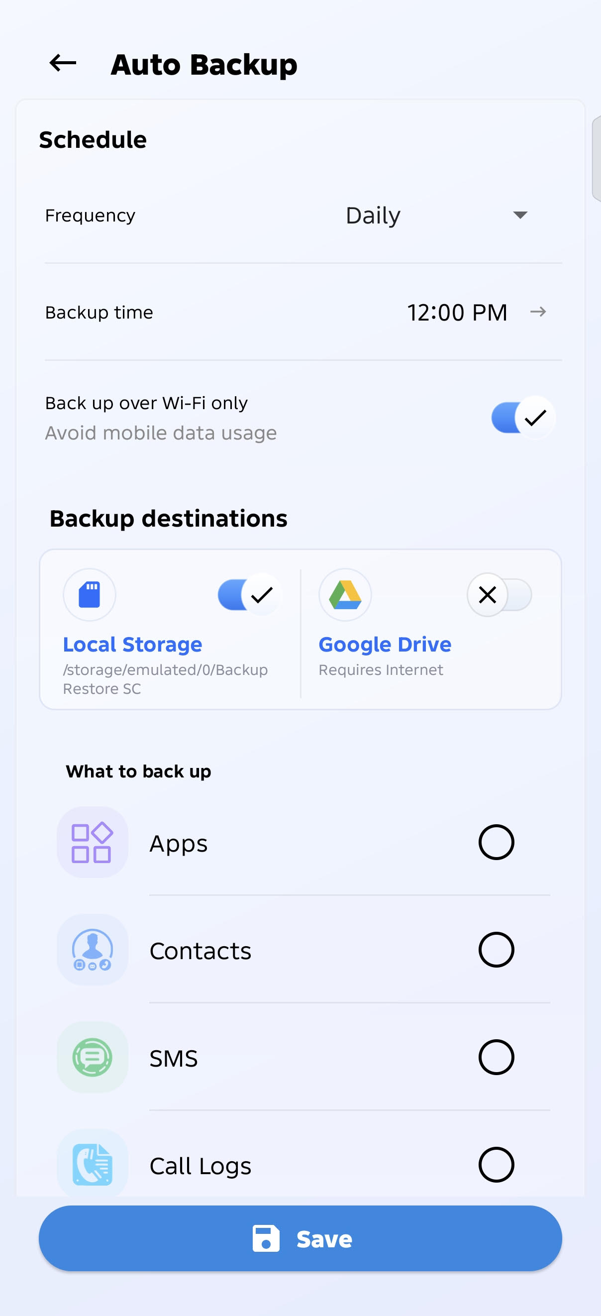 Backup and Restore All automatic backup schedule screen