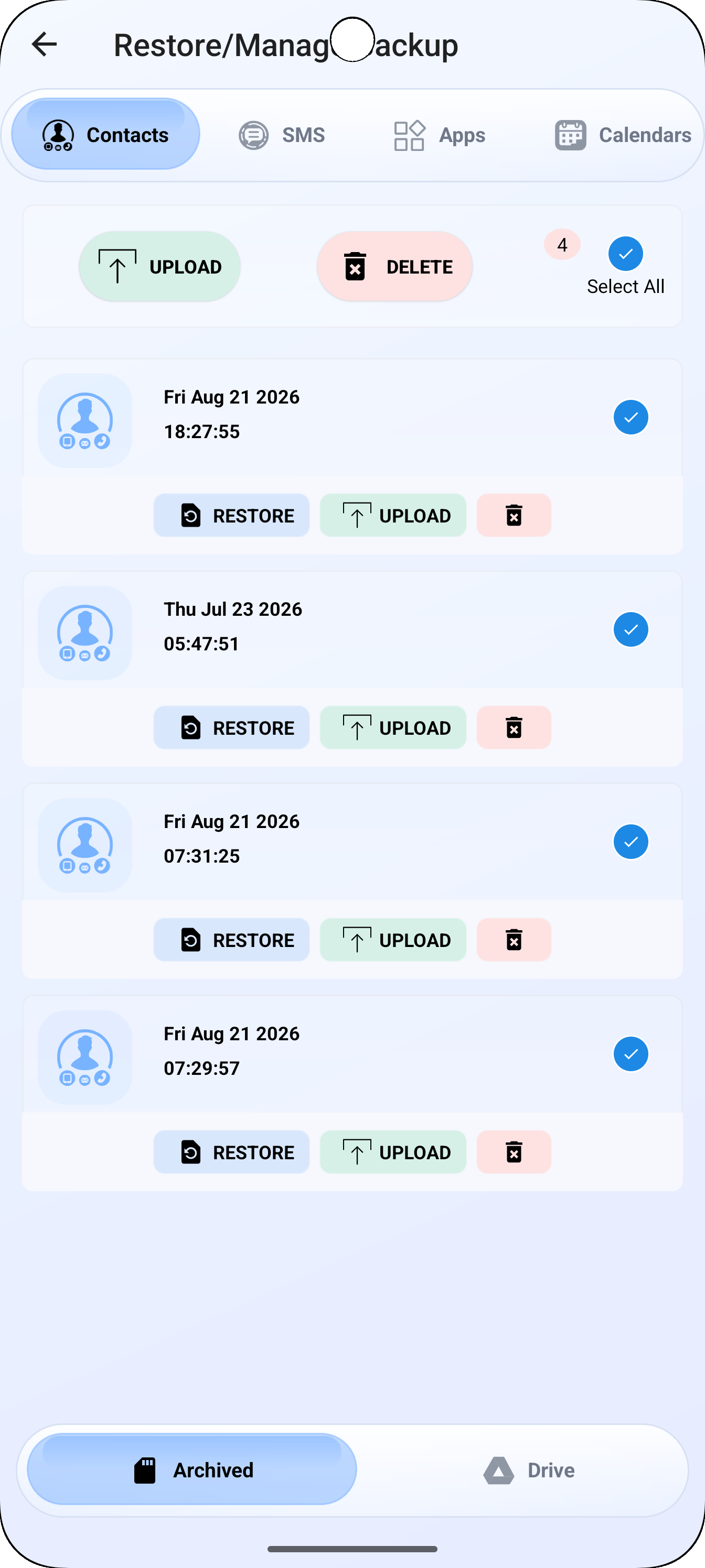 Backup and Restore All manage backups screen