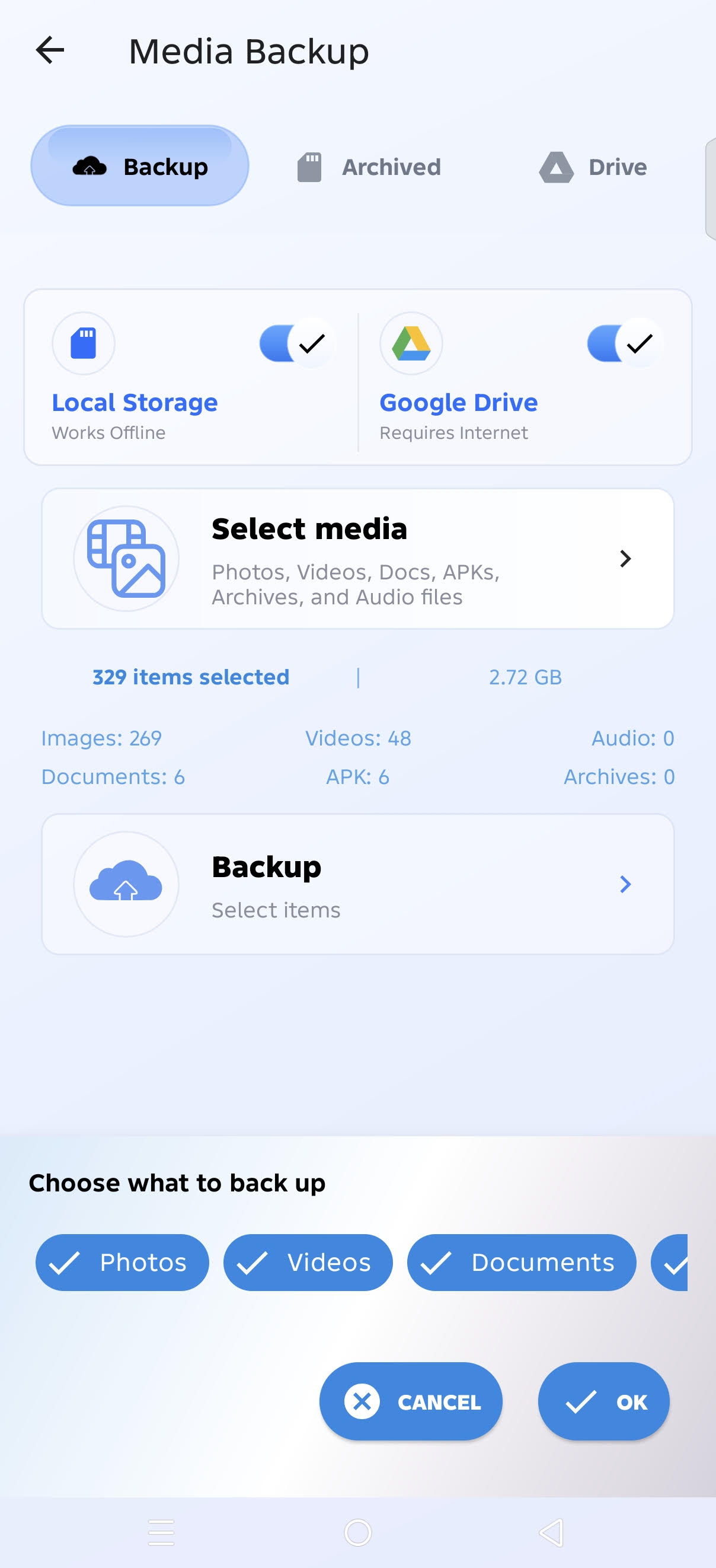 Backup and Restore All media backup screen